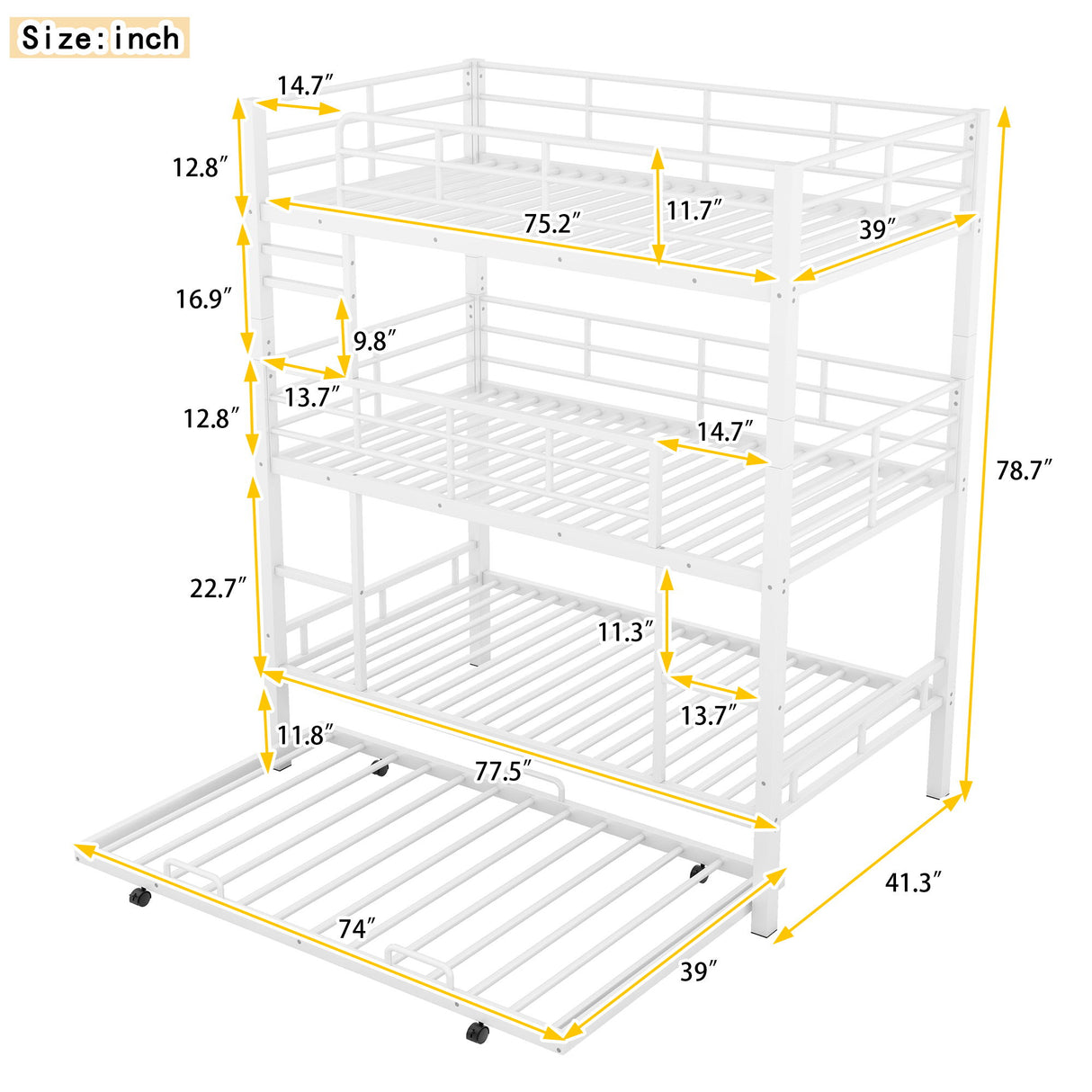 Triple Bunk Bed With Trundle, Heavy Duty Steel Construction