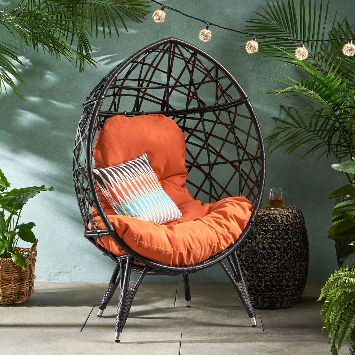 Outdoor Wicker Teardrop Chair With Cushion - Orange / Brown
