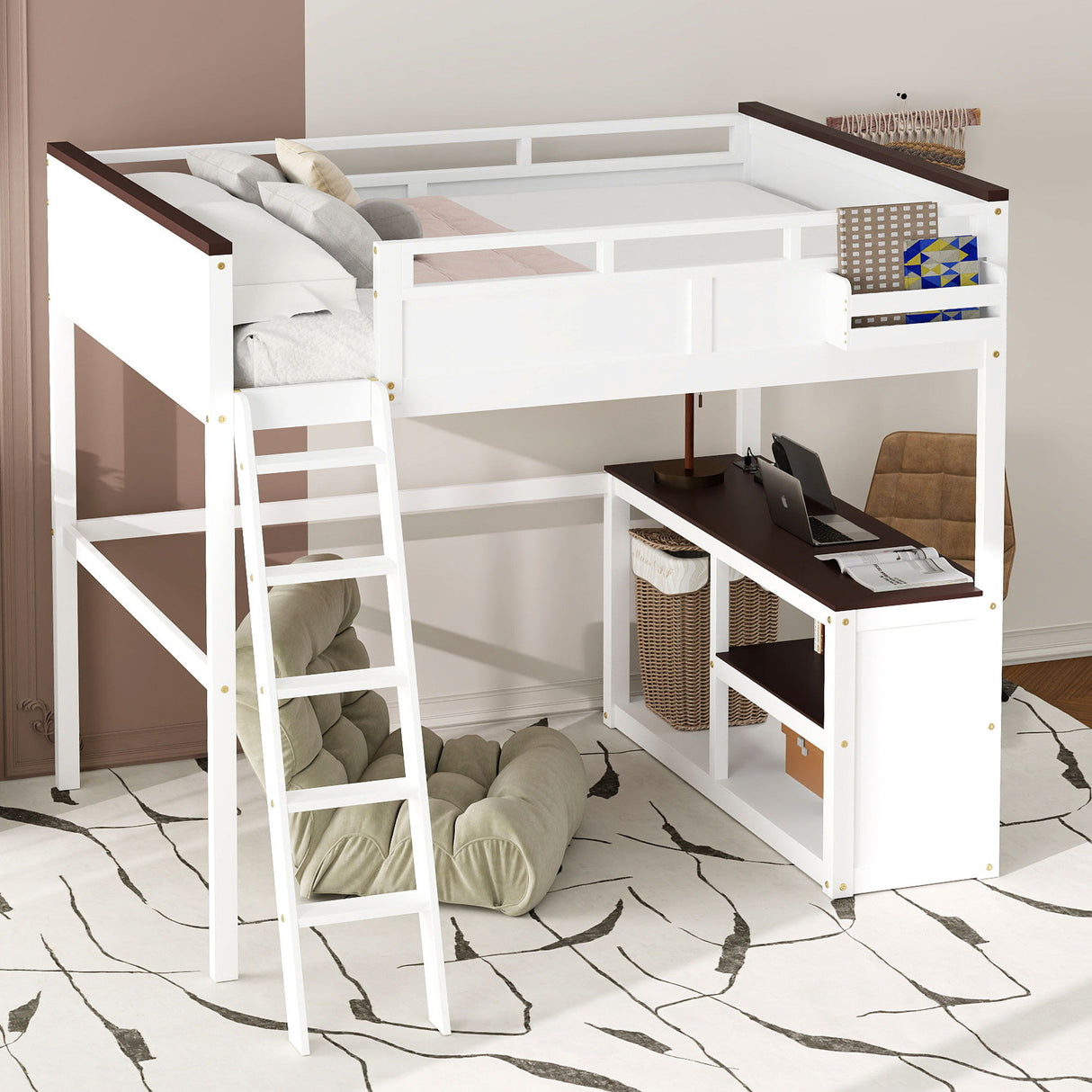 Queen Size Loft Bed With Desk, Open Shelf, Storage Box And USB Charging Station - White