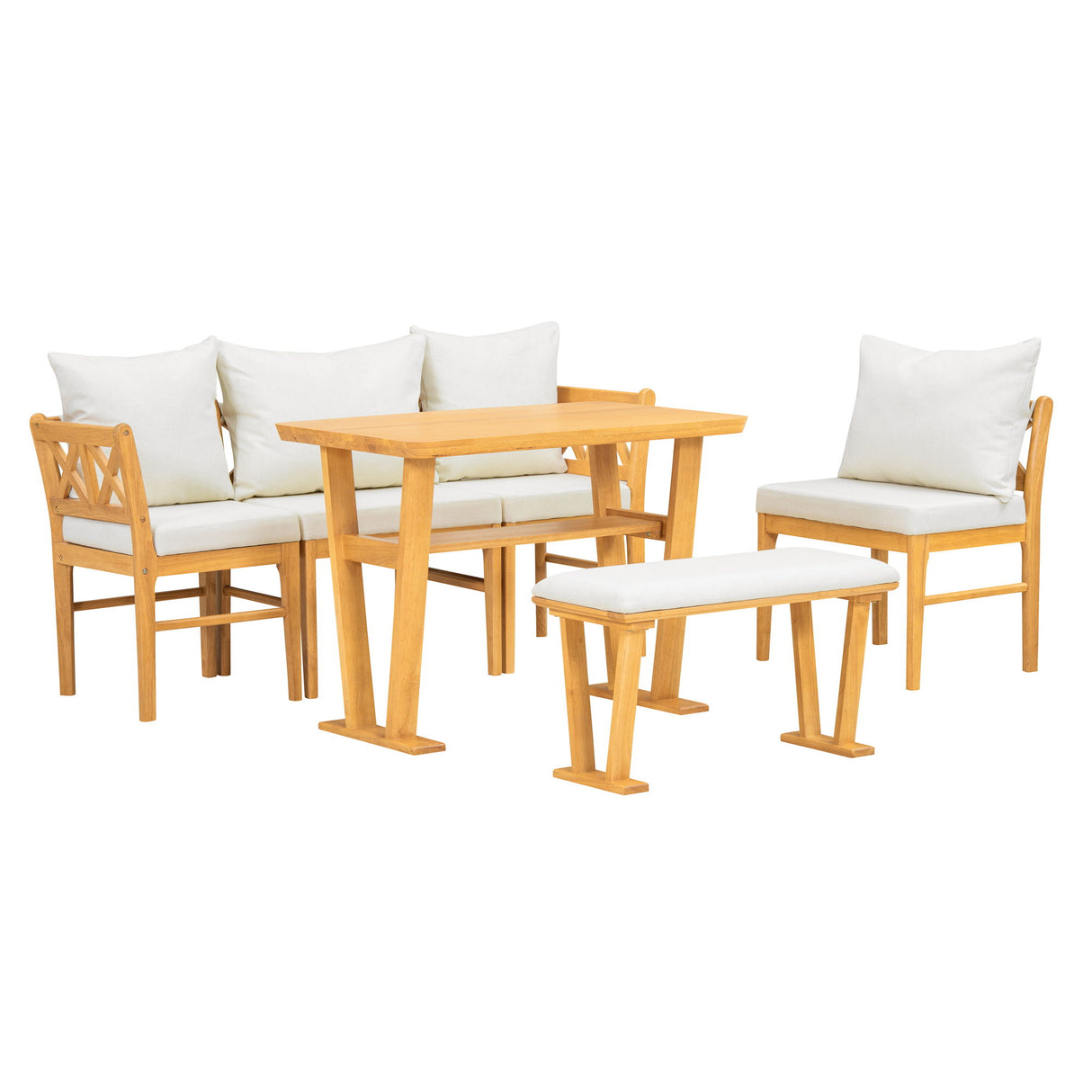 Farmhouse Solid Wood Dining Nook Set For 6, Space Saving High Top Corner Table With Bench & Chairs - Natural / White