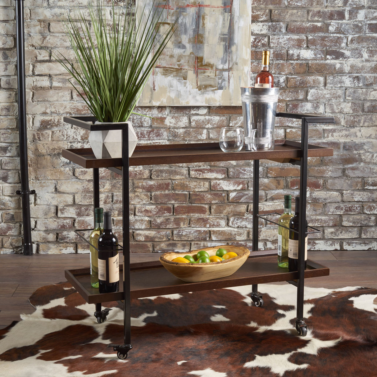 Modern Industrial Bar Cart With Shelving And Casters