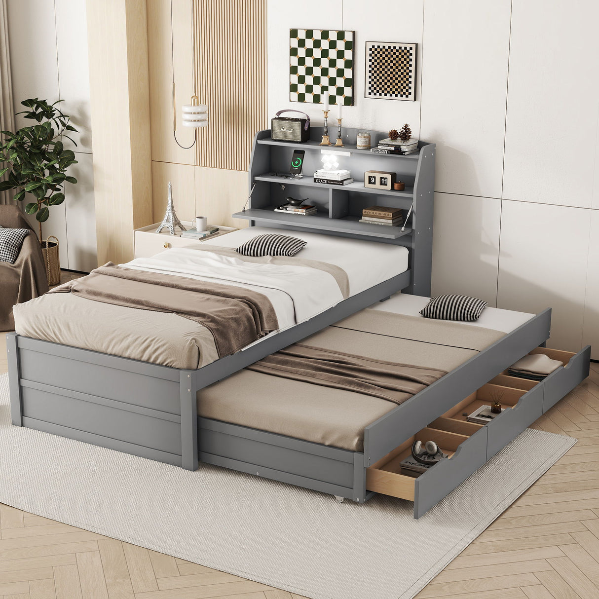 LED Platform Bed With Trundle With Storage Headboard With Drawers
