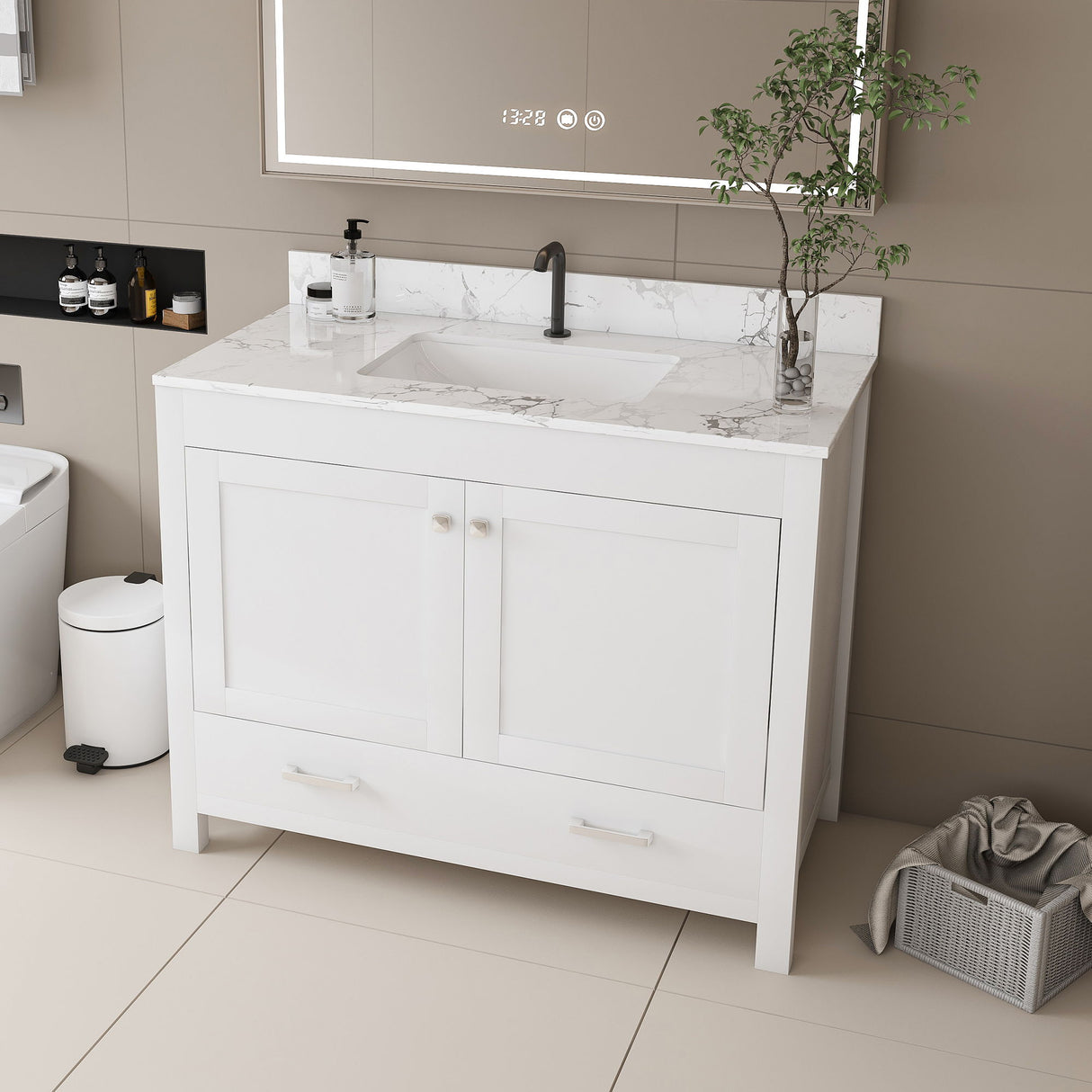 43" Bathroom Vanity With Artificial Marble Carrara Top Set, Multi Functional Cabinet With Doors And Drawer - White