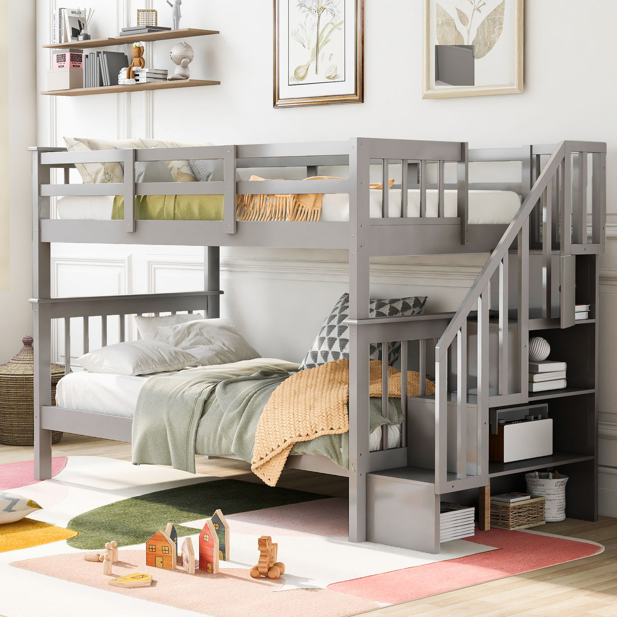 Stairway Bunk Bed With Storage And Guard Rail For Bedroom