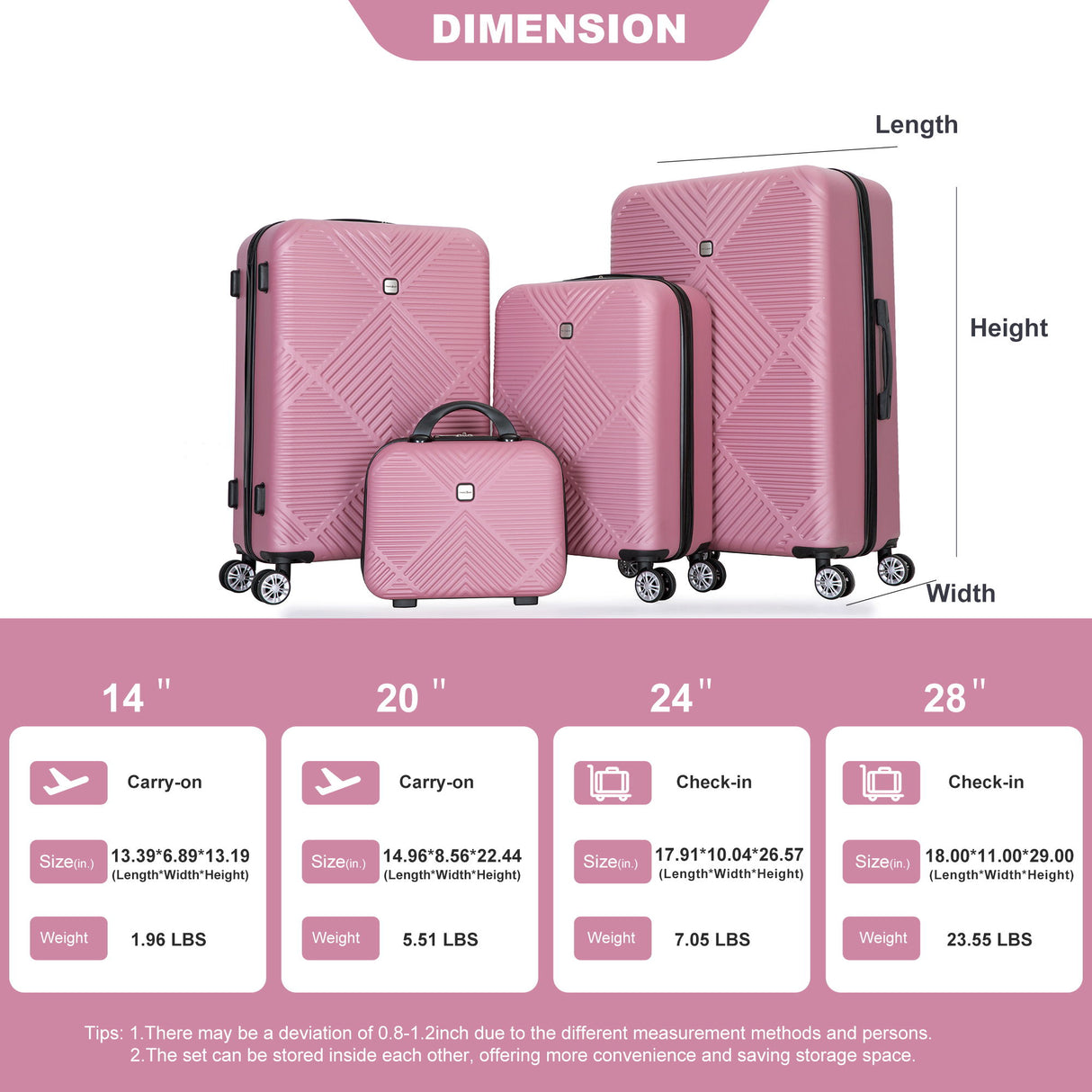 4 Piece Lightweight Suitcase, Makeup Box, Aircraft Wheels