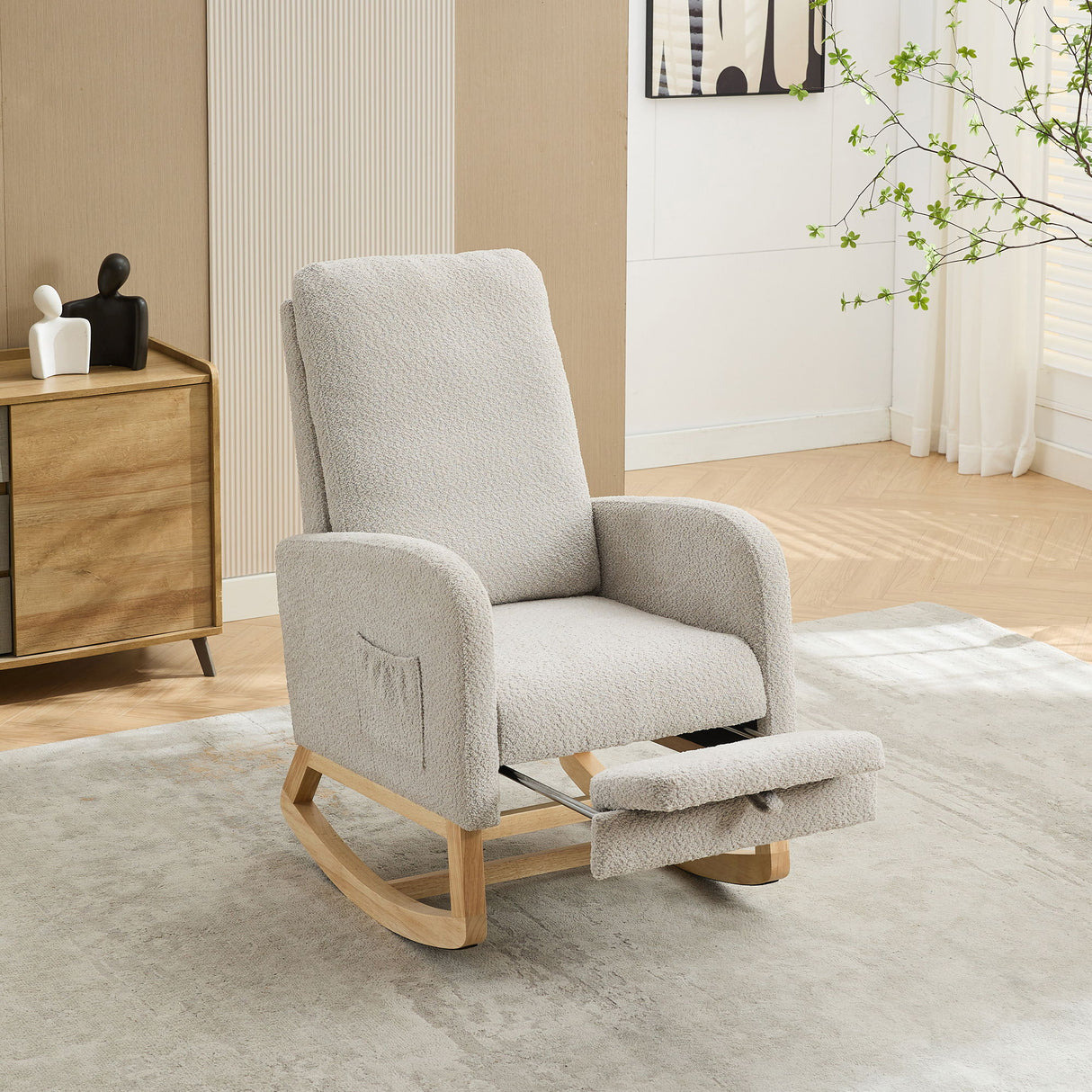 Rocking High Back Glider Chair With Retractable Footrest, Side Pocket