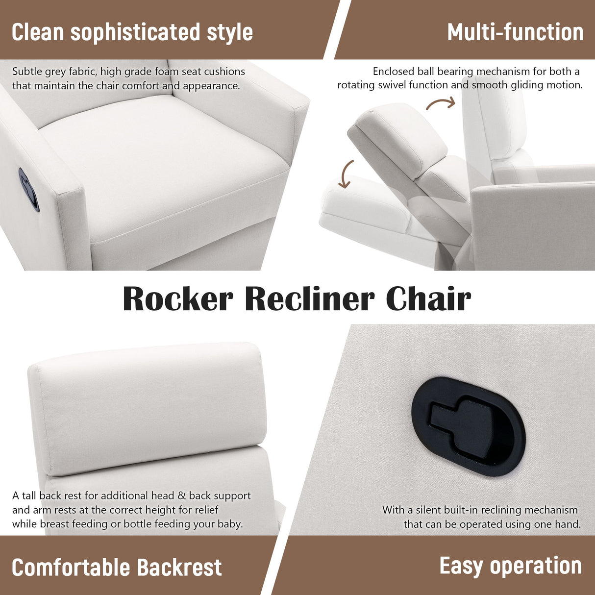 Modern Upholstered Rocker Nursery Chair Plush Seating Glider Swivel Recliner Chair