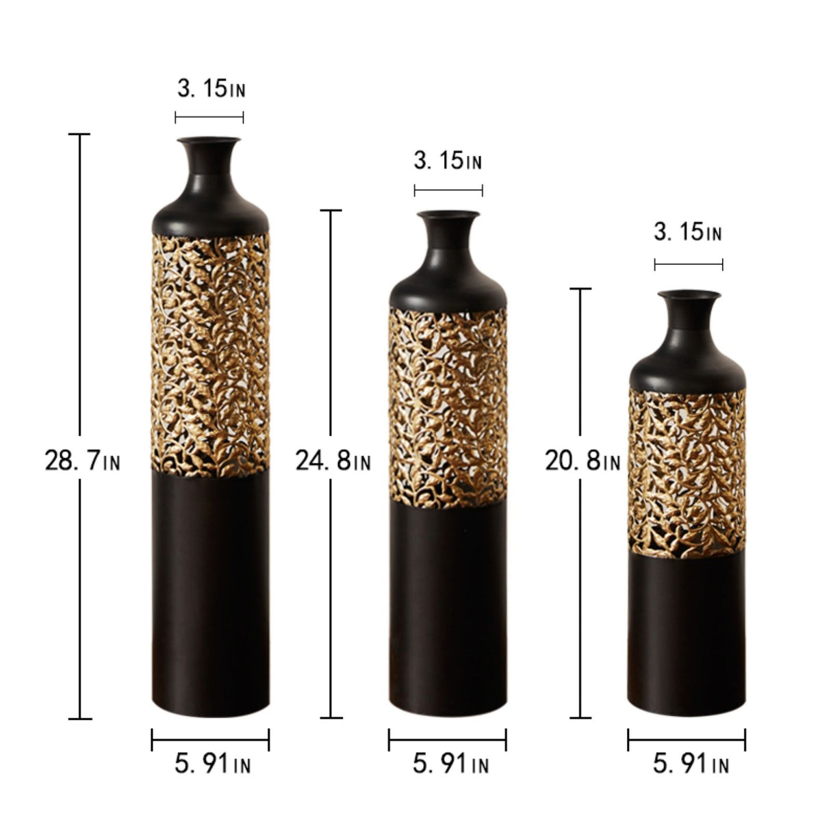Floor Metal Vases Decorated Metal Vases (Set of 3) Gorgeous Home Decoration Large Glazed Metal Vases - Black / Gold