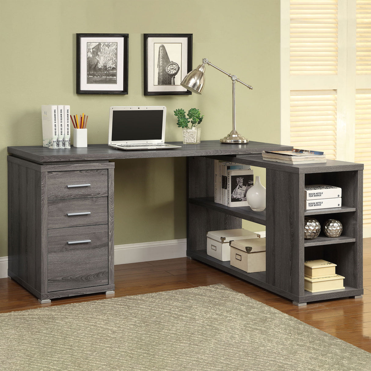 Transitional L Shape Computer Desk With Multiple Storage And Built In File Cabinet
