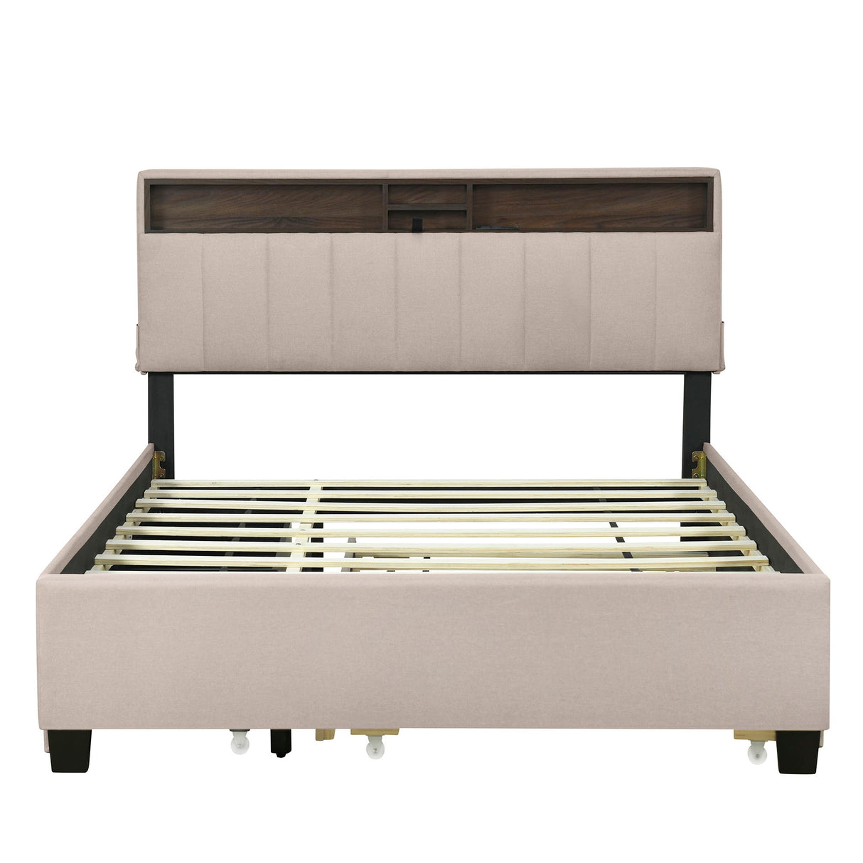 Upholstered Platform Bed With Storage Headboard, Trundle & 2 Drawers And A Set Of Sockets & USB Ports
