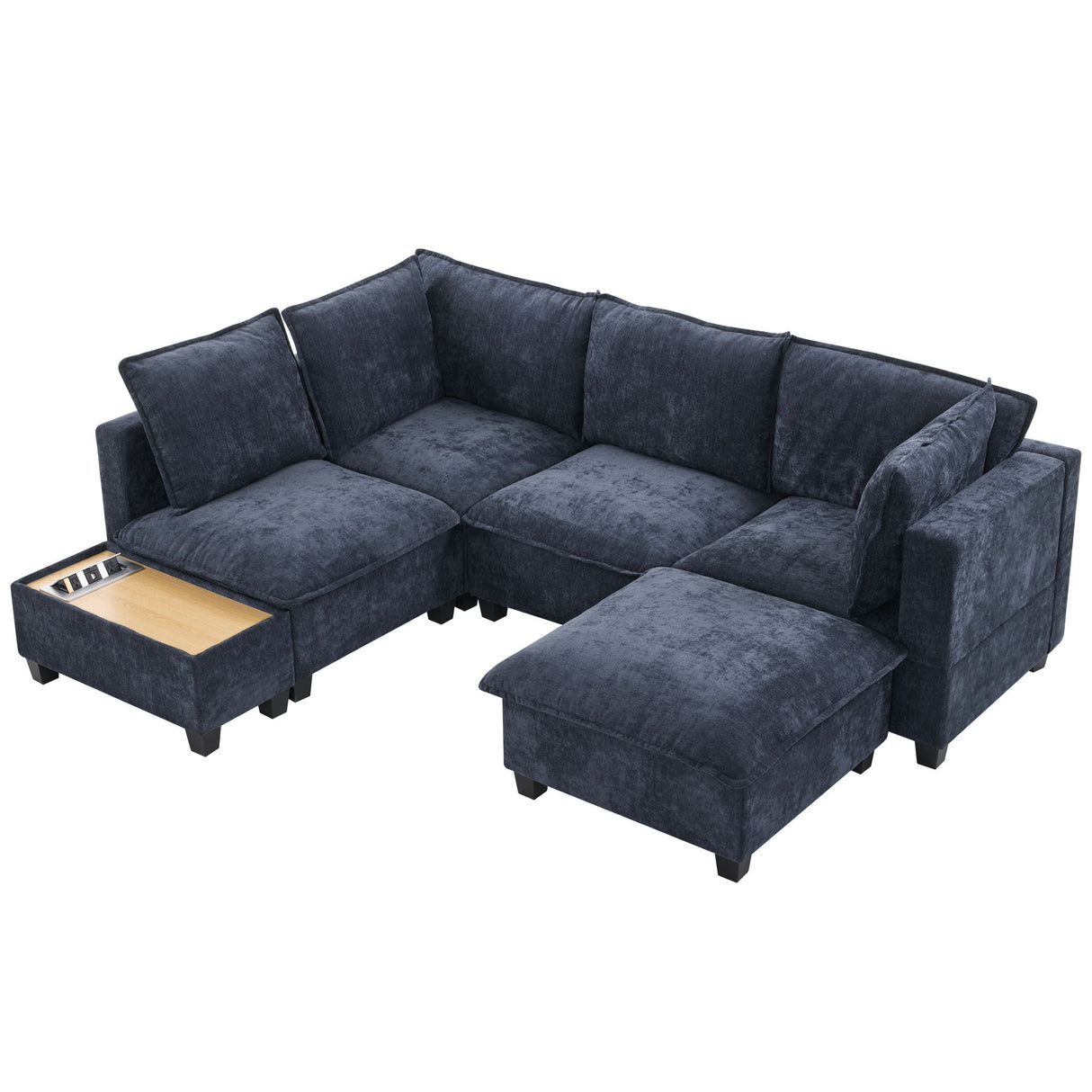 U-Shaped Sectional Modular Sofa With A Movable Ottoman, A Coffee Table With Hidden Charging Devices For Living Room