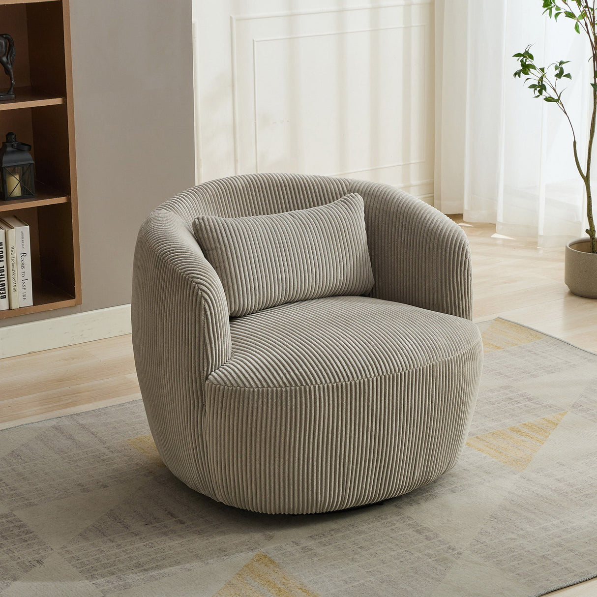 Wide Upholstered Corduroy 360° Swivel Barrel Soft Chair With Pillow