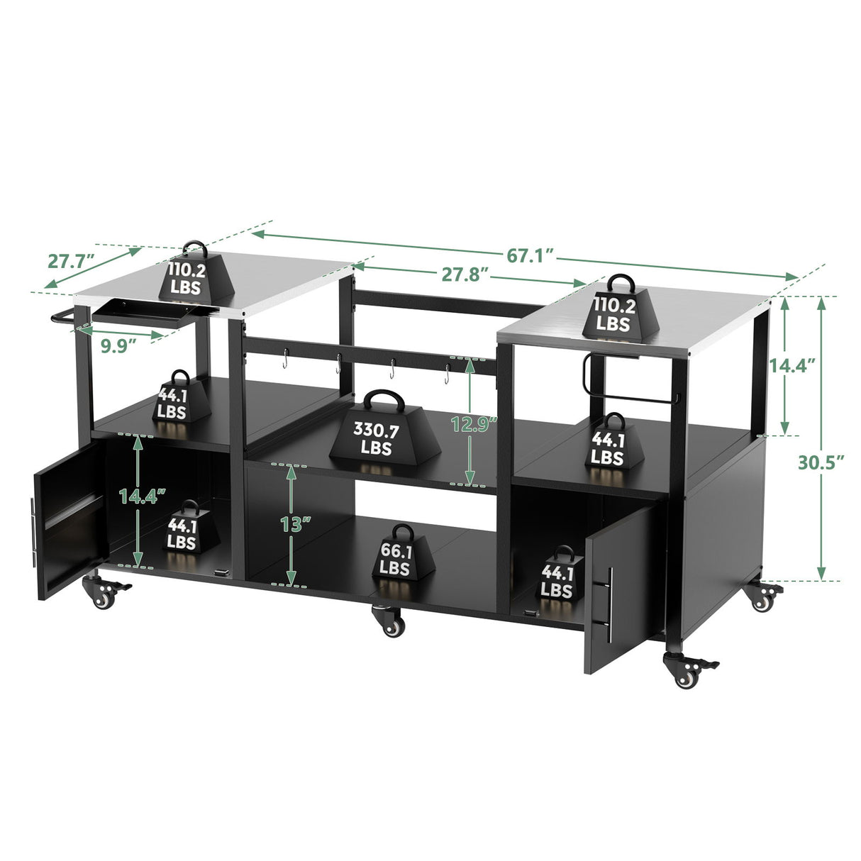 Outdoor Grill Table For Big Egg Style Bbq With Metal Grill Cart And Storage Box And Metal And Stainless Steel - Black / Silver