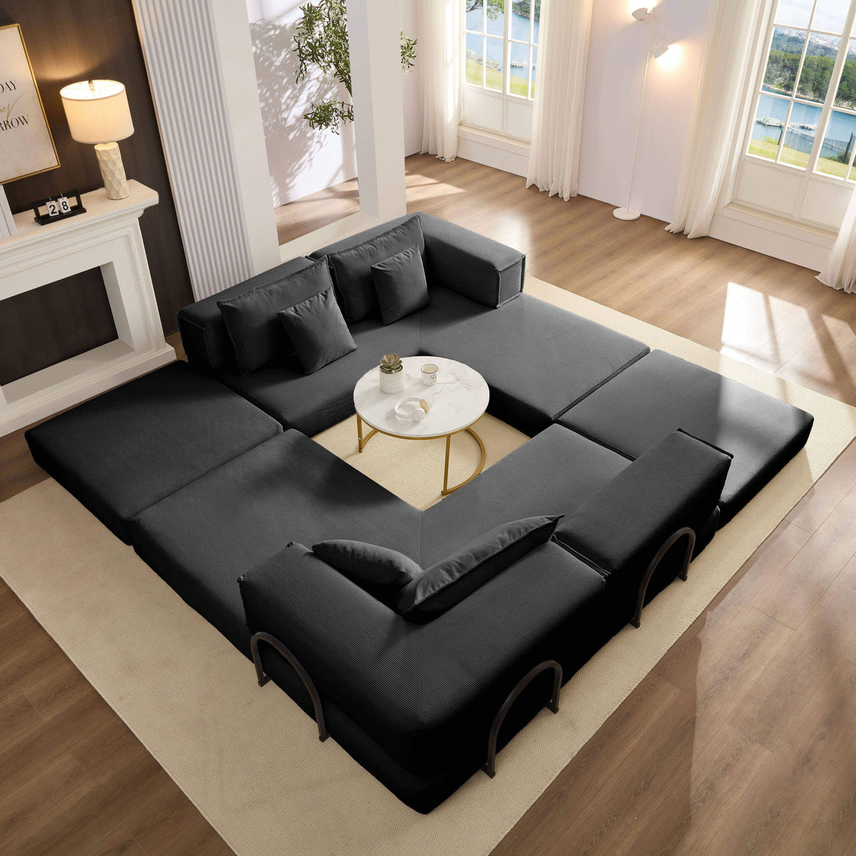 Modular L Shaped Floor Living Room Sofa Set With 6 Pillows