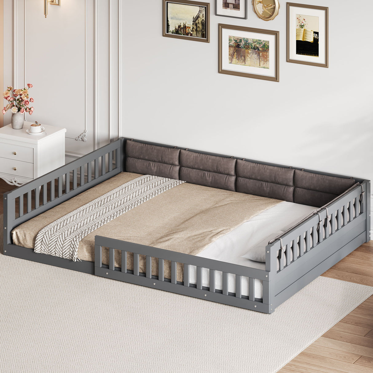 Upholstered Platform Bed With Guardrail And Pillow
