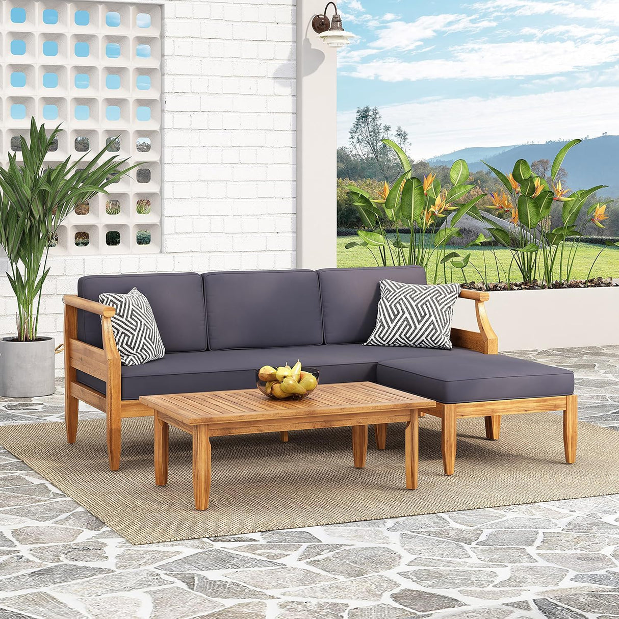 Bianca - Outdoor 3 Seater Sofa Chat Set With Ottoman - Teak