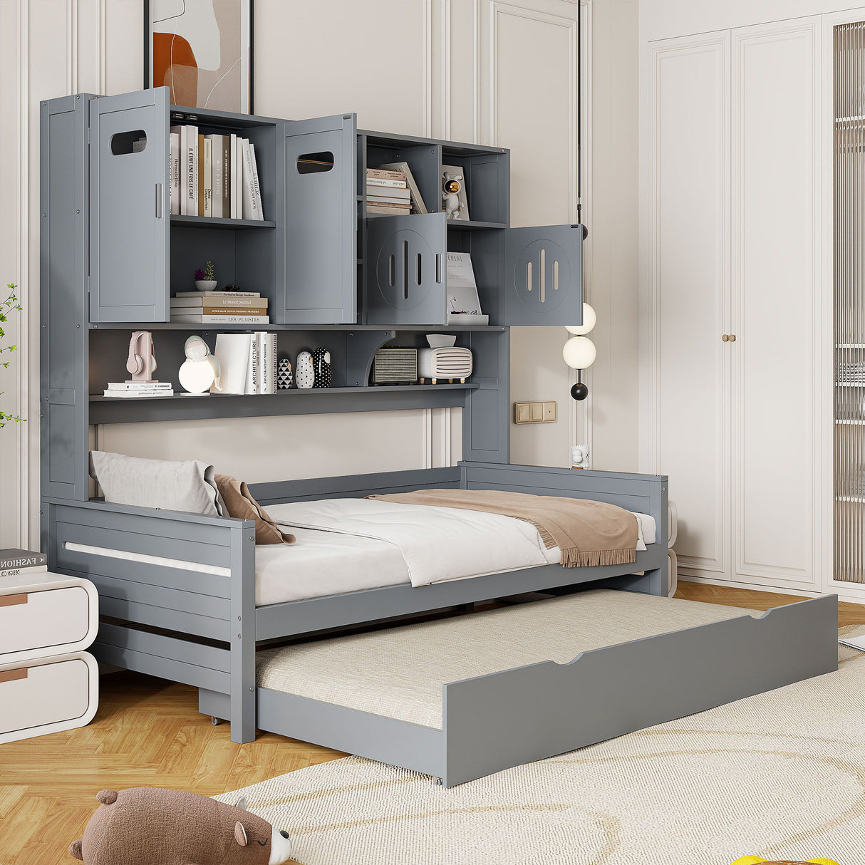 Daybed With All-In-One Cabinet And Shelf