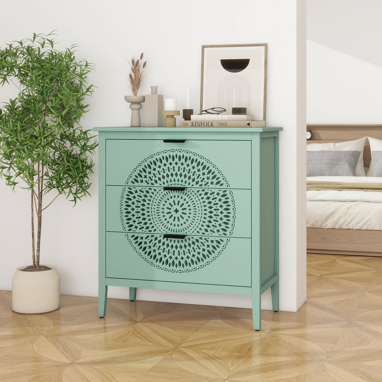 3 Drawer Storage Cabinet With Hollow Carved Design And Metal Handles, Chest For Entryway, Living Room Or Bedroom - Light Green
