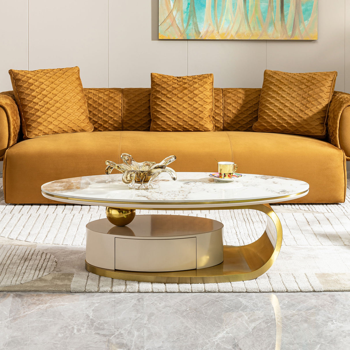 Modern Coffee Table Thick Sintered Stone Top With 2 Drawers Matt Stainless Steel Base - Gold