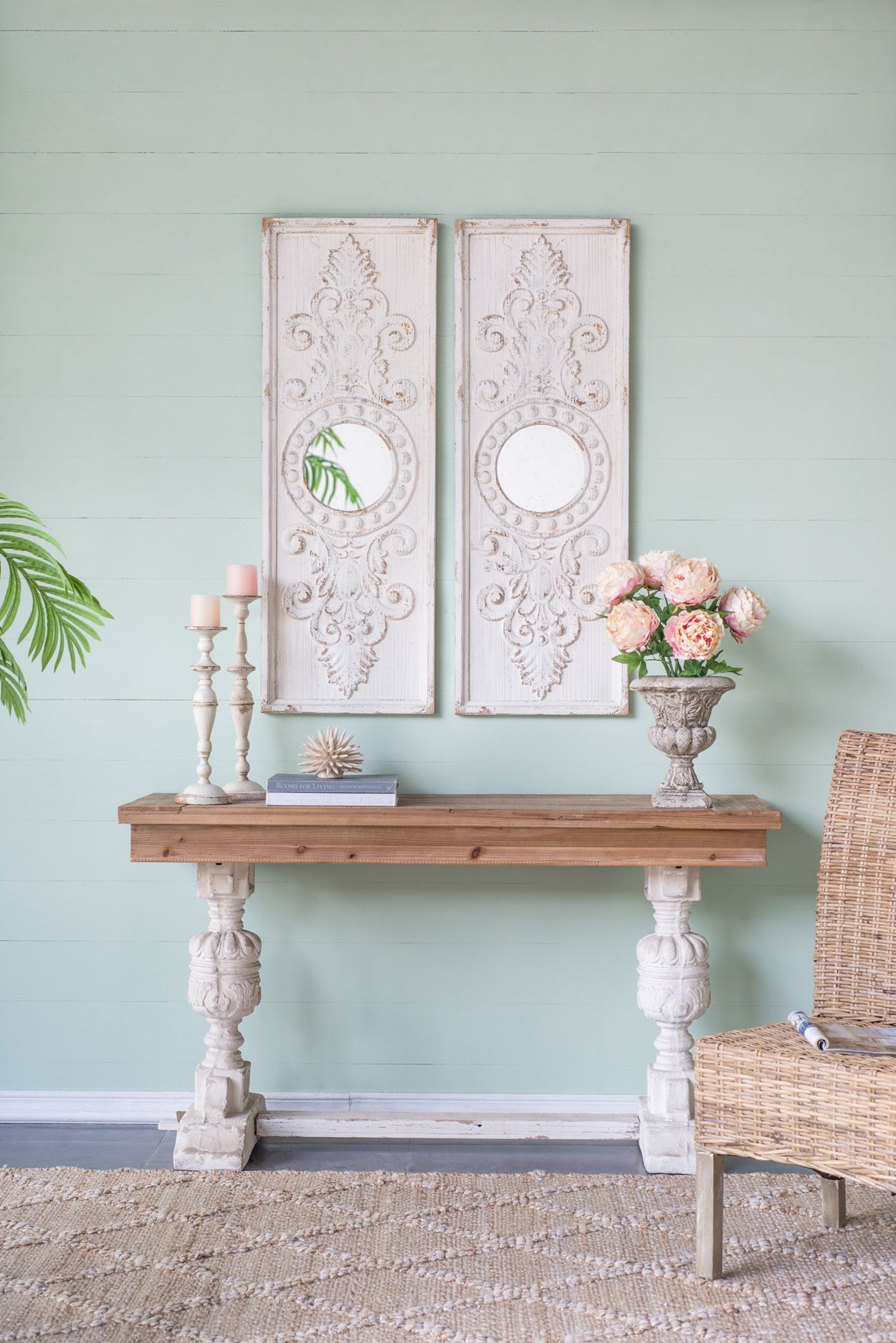 Large Wooden Wall Art Panels With Distressed Round Mirror Accents (Set of 2) - White