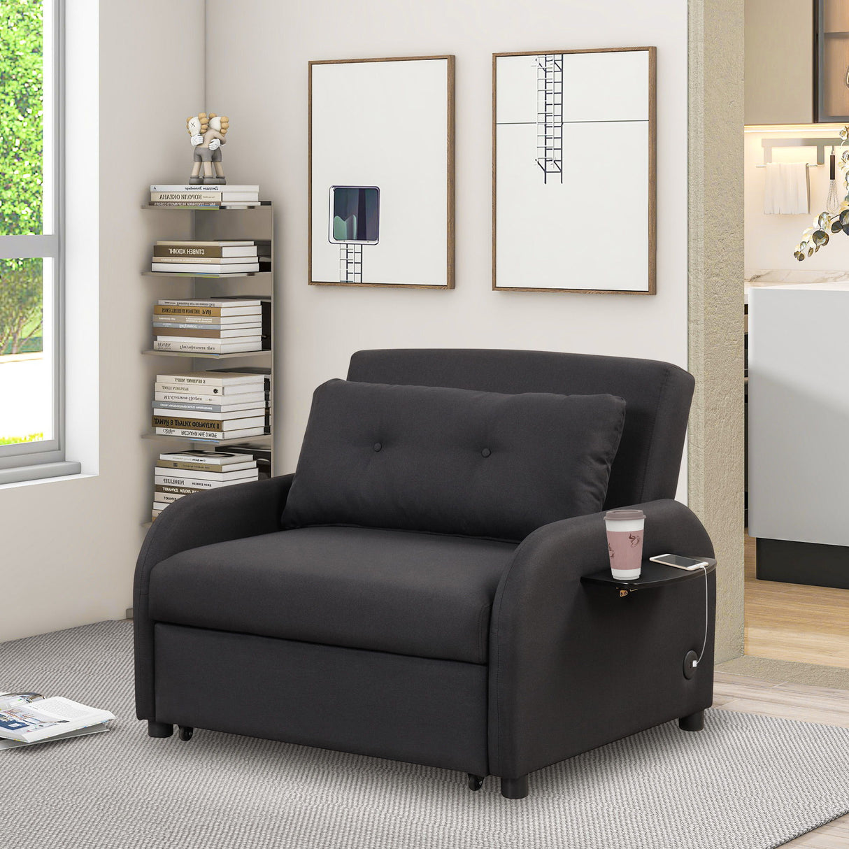 Versatile Pull Out Sofa Sleeper 3 In 1 With Wing Table & USB Charge, Compact Design