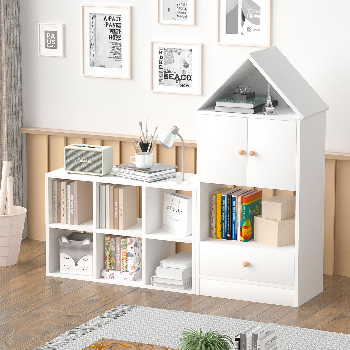 Versatile Children's Bookshelf With House Shaped Design, Multi Functional Storage