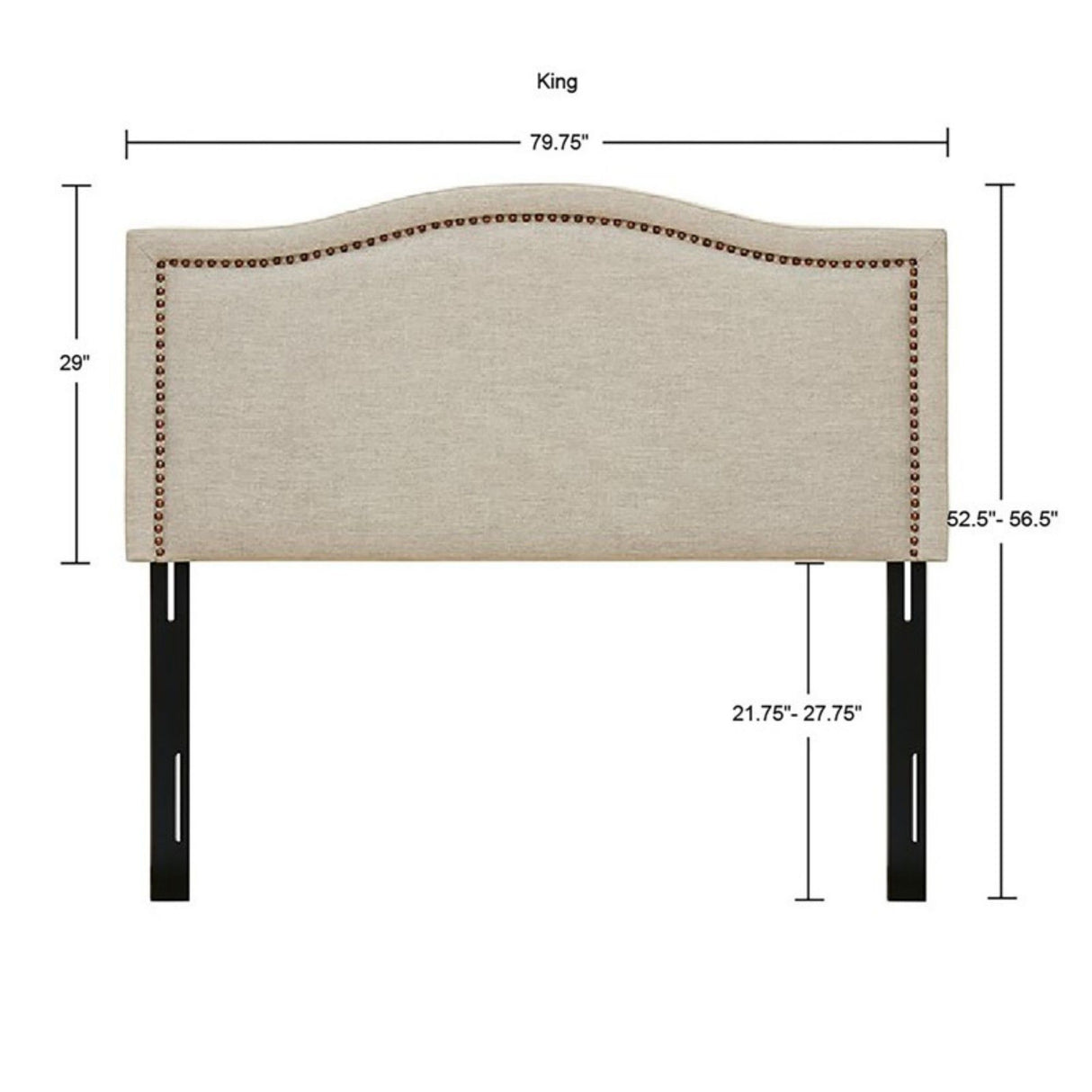 Elegant Panel Headboard With Copper Nailheads And Adjustable Metal Legs