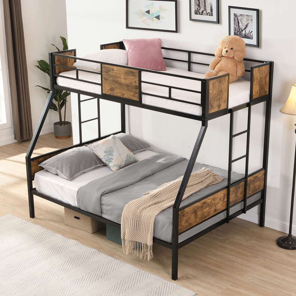 Modern Metal Bunk Bed With Side Ladders And Guardrail