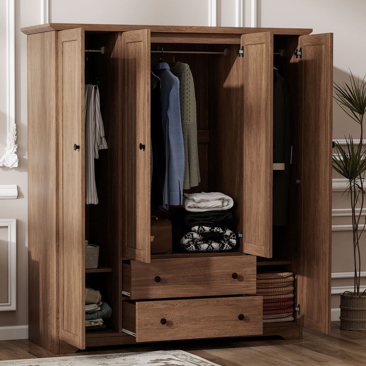 4 Door Wardrobe Armoire With 2 Drawers