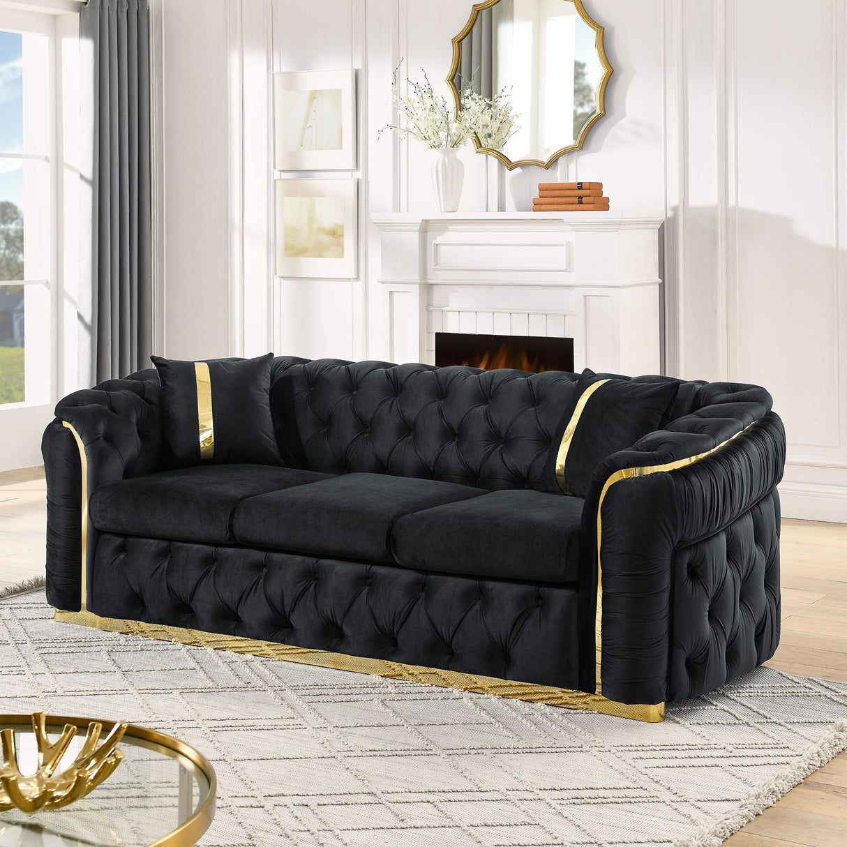 Button Tufted Couch With 2 Pillows, 3 Seater Luxury Chesterfield Sofa