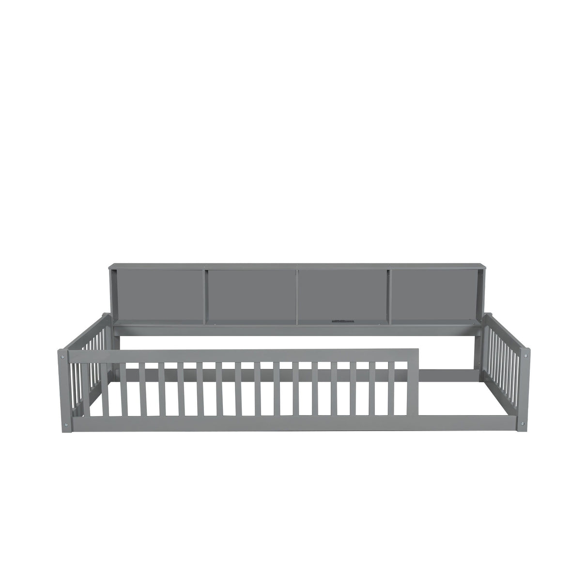 Twin Long Floor Bed With Storage Cabinets And USB Ports - Gray