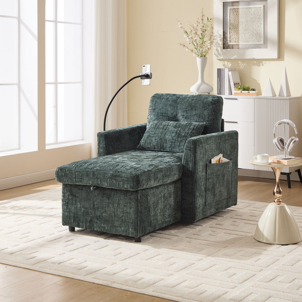 Multifunctional Chenille Recliner Sofa With Storage And Phone Bracket