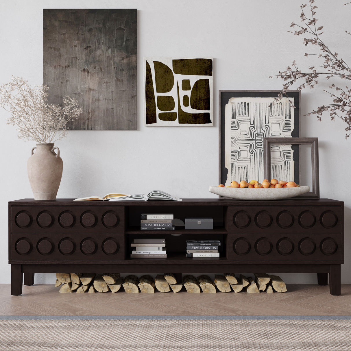 Media Console With 4 Drawers And Cable Management