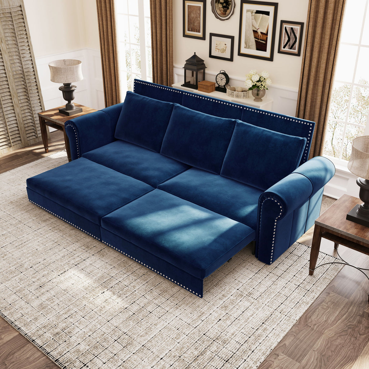 3 In 1 Convertible Sleeper Sofa With Nailhead Trim & Rolled Arm