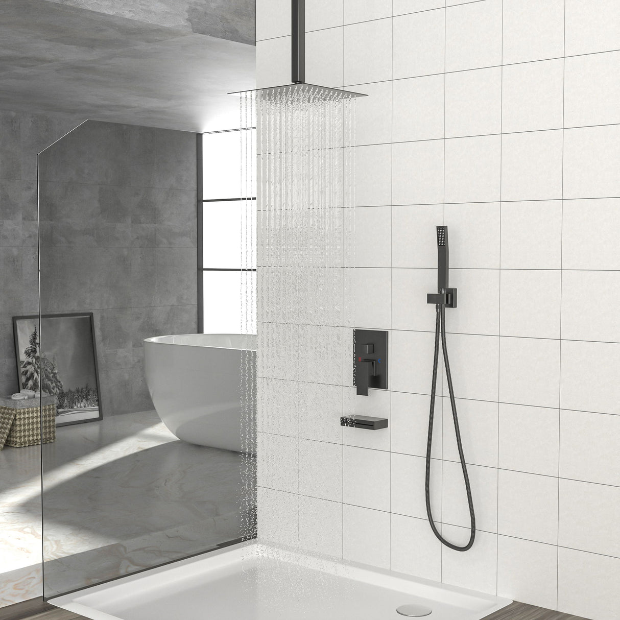 12" Ceiling Mount Shower System With Waterfall Tub Spout And Rough In Valve - Matte Black