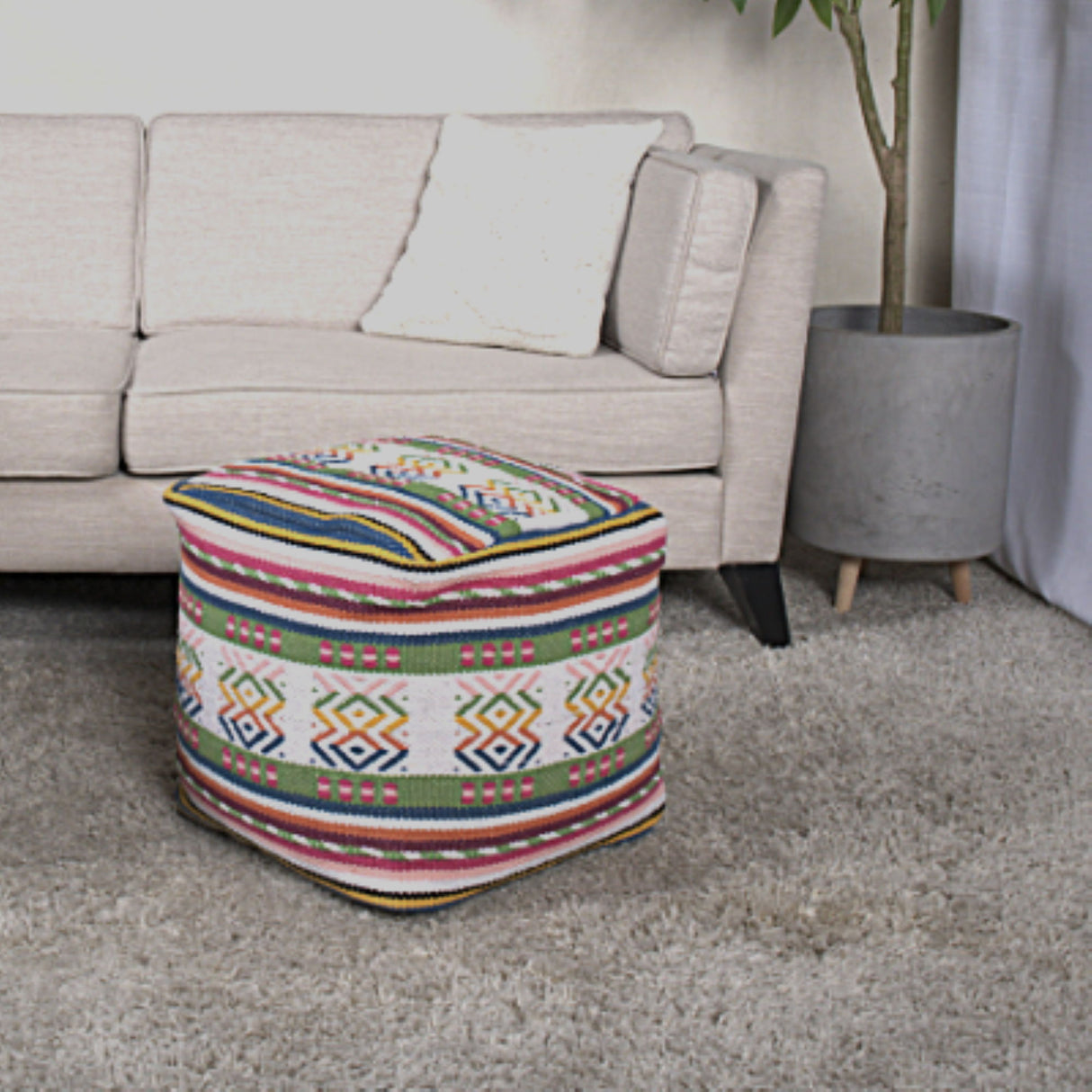 Inca - Handcrafted Peruvian Print Square Pouf Ottoman - Multicolor