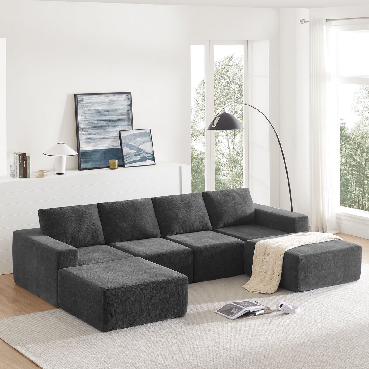 Modular U Shaped Sectional With Ottomans, Luxury Cloud Floor Couch With Deep Seat Fully Compressed Upholstered Sofa