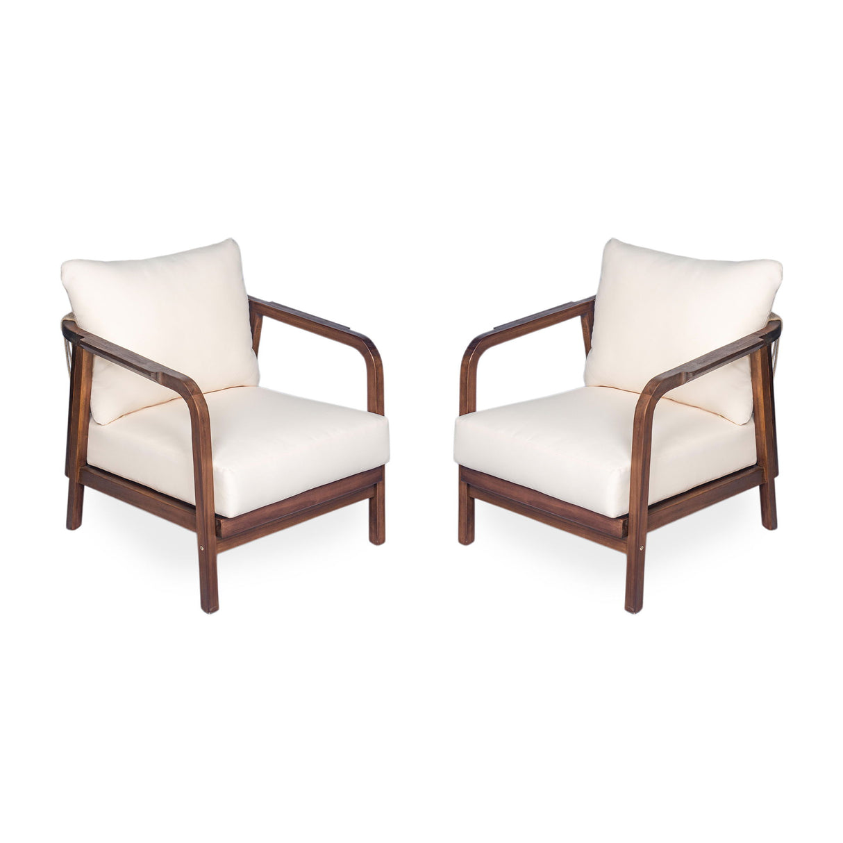 Outdoor Lounge Chair With Woven Backrest, Solid Wood Frame, Comfortable Cushions