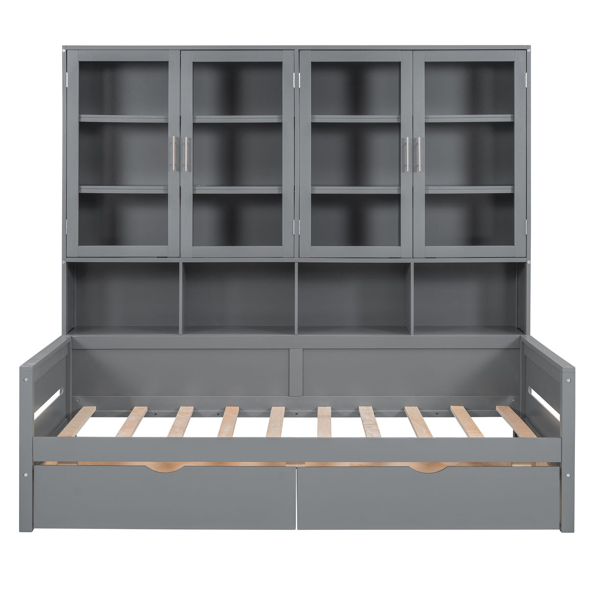 Daybed With Glass Door Storage Cabinets, Built In LED Lighting And Shelves