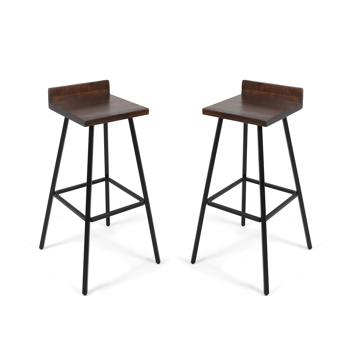 Outdoor Bar Stool With Low Backrests And Wood Seats (Set of 2) - Dark Brown / Black