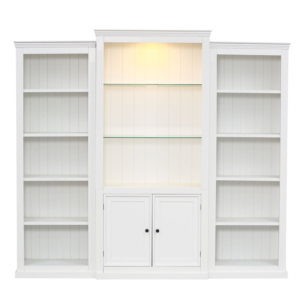 Retro Style 3 Piece Bookcase Display Cabinet With Adjustable LED Lighting, Tempered Glass Shelves - White