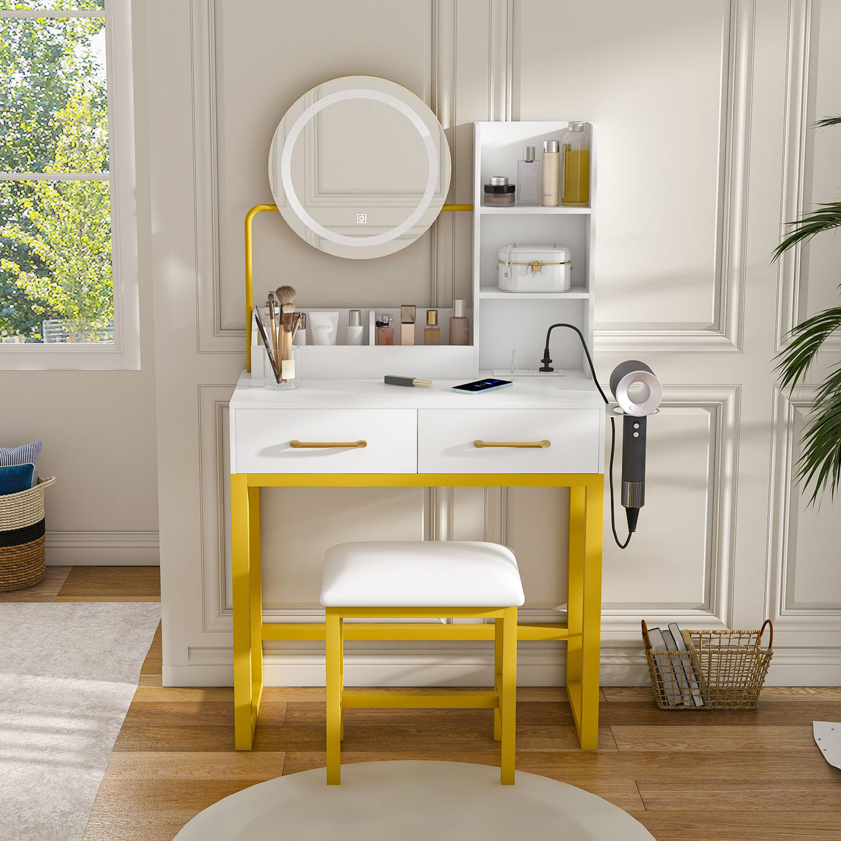 Makeup Vanity Table With LED Lights, 3 Color Options, Power Outlet