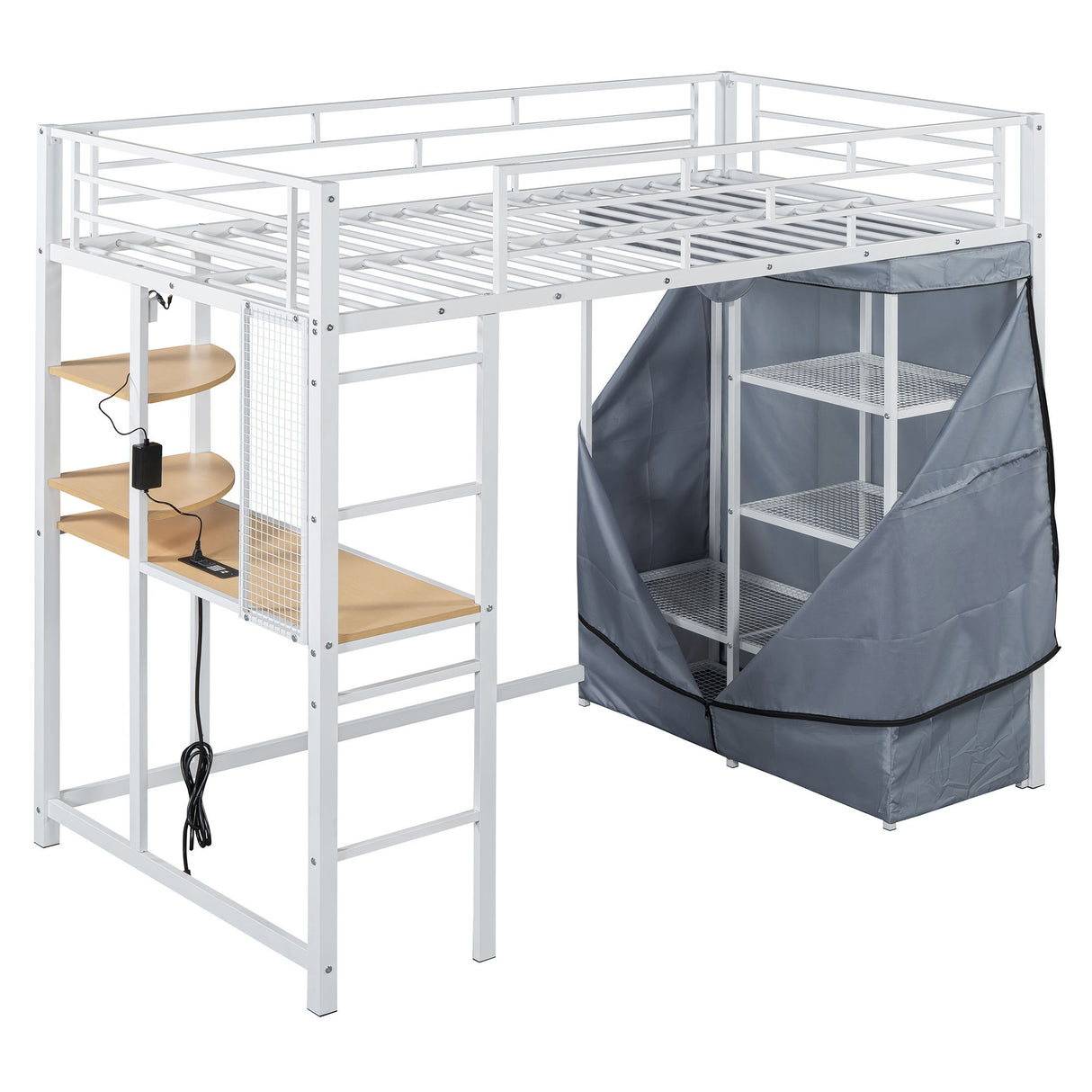 Loft Bed With Desk, Shelves, Power Outlet, LED Light And Wardrobe