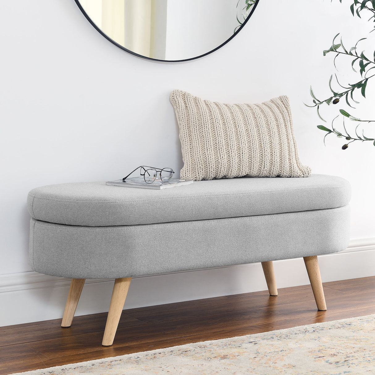 Ottoman Oval Storage Bench With Rubber Wood Legs Linen - Gray