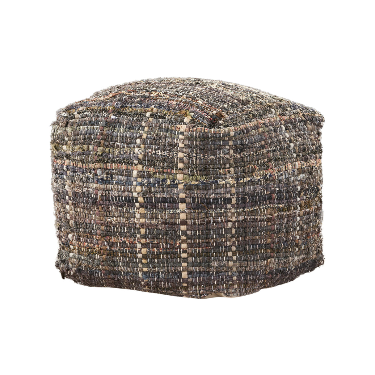 Koki - Handcrafted Fabric Pouf Recycled Denim And Paper Chindi - Khaki