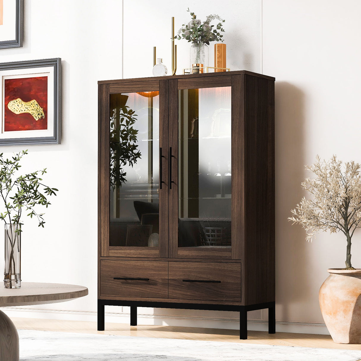Modern Style Tall Display Cabinet With LED Lighting, Tempered Glass Door, 2 Drawers