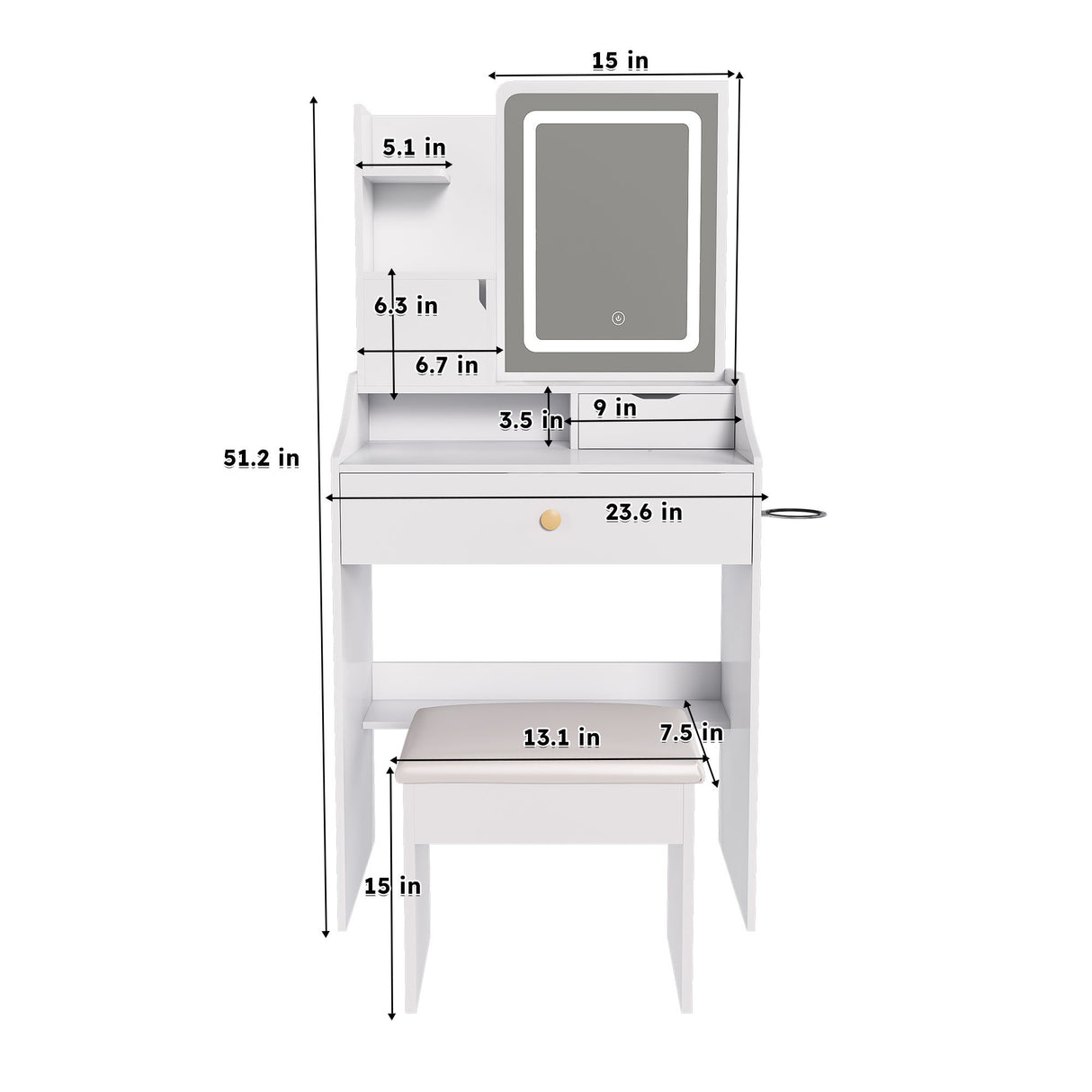 LED Vanity Mirror With Stool, 2 Drawers & 5 Storage Cabinets, Adjustable Lighting Mdf Dressing Table For Bedroom - White