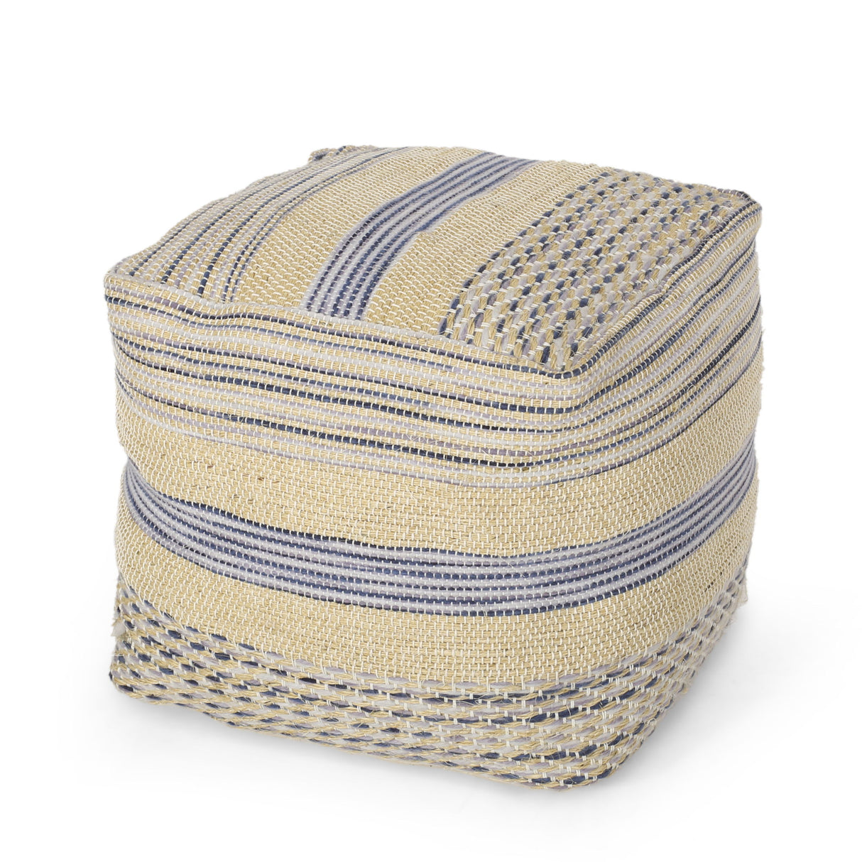 Western - Handcrafted Fabric Pouf, Durable - Natural / Blue
