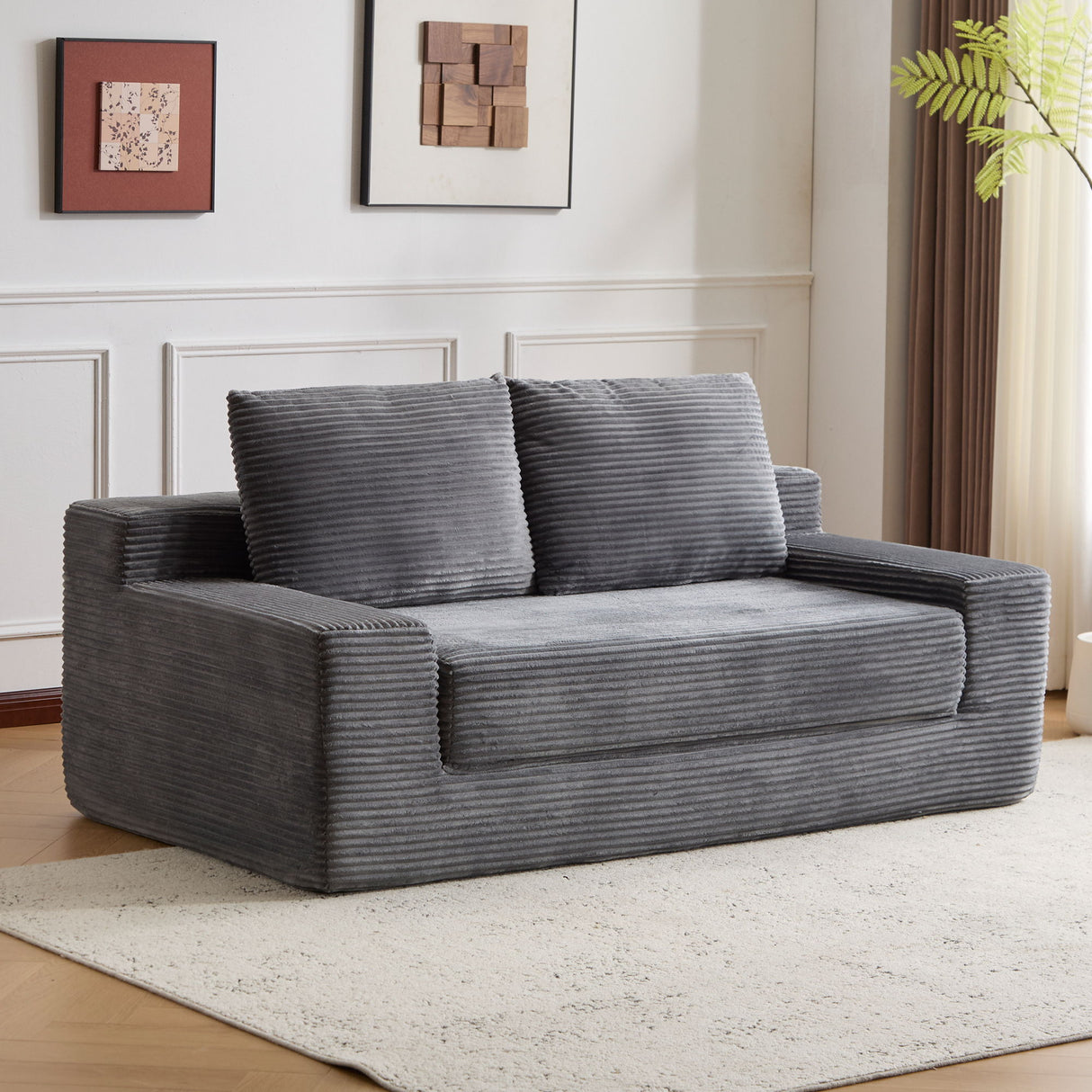 Loveseat Sofa, Comfortable Deep Seat Sofa Bed, Modern Small Corduroy Couch For Living Room Bedroom,Reversible Cushion With Pillows,No Assembly Required,Dark Gray