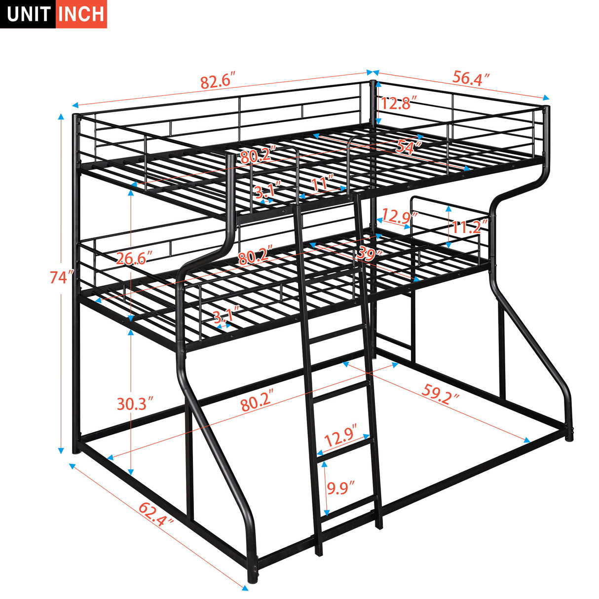 Industrial Triple Bunk Bed With Dual Ladders Frame, Space Saving Design